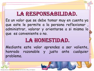 .

Es un valor que se debe tomar muy en cuenta ya
que este le permite a la persona reflexionar ,
administrar, valorar y orientarse a si misma lo
que es conveniente o no.
Mediante este valor aprendes a ser valiente,
honrado razonable y justo ante cualquier
problema.

 