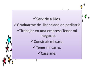 Servirle a Dios.
Graduarme de licenciada en pediatría
Trabajar en una empresa Tener mi
negocio.
Construir mi casa.
Tener mi carro.
Casarme.

 