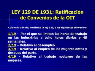 LEY 129 DE 1931: Ratificación de Convenios de la OIT Colombia adhirió, mediante la ley 129, a los siguientes convenios: 1/19   -  Por el que se limitan las horas de trabajo en las indusrtrias a  ocho horas diarias y 48 semanales . 2/19   – Relativo al desempleo 3/19  – Relativo al empleo de las mujeres antes y despues del parto. 4/19   - Relativo al trabajo nocturno de las mujeres. 