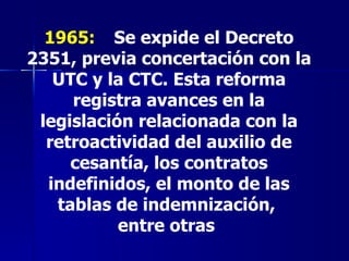 1965:   Se expide el Decreto 2351, previa concertación con la UTC y la CTC. Esta reforma registra avances en la legislación relacionada con la retroactividad del auxilio de cesantía, los contratos indefinidos, el monto de las tablas de indemnización,  entre otras   