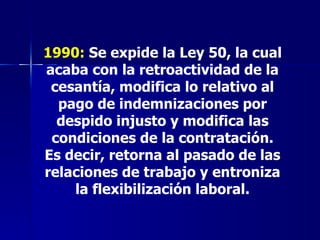 1990:  Se expide la Ley 50, la cual acaba con la retroactividad de la cesantía, modifica lo relativo al pago de indemnizaciones por despido injusto y modifica las condiciones de la contratación. Es decir, retorna al pasado de las relaciones de trabajo y entroniza la flexibilización laboral. 