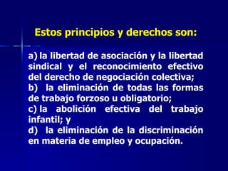 Estos principios y derechos son: a) la libertad de asociación y la libertad sindical y el reconocimiento efectivo del derecho de negociación colectiva; b)  la eliminación de todas las formas de trabajo forzoso u obligatorio; c) la abolición efectiva del trabajo infantil; y  d)  la eliminación de la discriminación en materia de empleo y ocupación. 