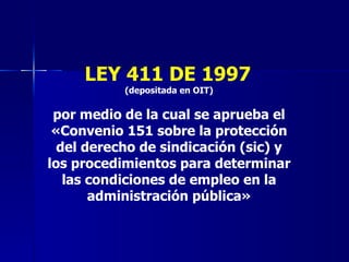 LEY 411 DE 1997   (depositada en OIT) por medio de la cual se aprueba el «Convenio 151 sobre la protección del derecho de sindicación (sic) y los procedimientos para determinar las condiciones de empleo en la administración pública» 