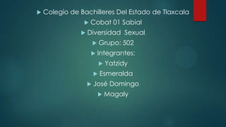 

Colegio de Bachilleres Del Estado de Tlaxcala



Cobat 01 Sabial

Diversidad Sexual


Grupo: 502



Integrantes:





Yatzidy

Esmeralda

José Domingo


Magaly

 