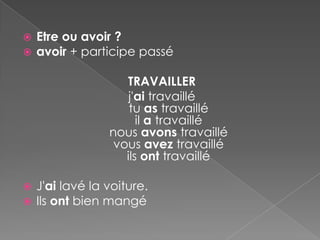   Etre ou avoir ?
   avoir + participe passé

                    TRAVAILLER
                     j'ai travaillé
                     tu as travaillé
                       il a travaillé
                 nous avons travaillé
                  vous avez travaillé
                    ils ont travaillé

   J'ai lavé la voiture.
   Ils ont bien mangé
 