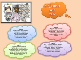 Paso 2:
                                                 ACÉPTATE. Parte de
                  Paso 1:
                                              conocerte y de ser tú mismo
       CONÓCETE A TI MISMO.
                                              es quererte. Y esto se logra
        No importa si lo haces en
                                                aceptando quién eres y
       latín (te nosce) o en griego
                                                estando a gusto contigo
         (gnothi seauton) debes
                                                        mismo
        conocerte a ti mismo para
           poder ser tú mismo.




                                                    Paso 4:
                                       RELÁJATE CONTIGO MISMO.
              Paso 3:
                                         Ser uno mismo constituye un
    ENTRA DENTRO DE TI
                                      proceso que requiere de relajación.
   MISMO. Ser tú mismo es un
                                           Medita, relájate y respira
estado en el que eres auténtico, y
                                         profundamente. Sé flexible y
 realmente genuino. Esto implica
                                           disfruta de tu unicidad.
 quitar el foco de las influencias
  externas y concentrarte en tu
         esencia interna.
 