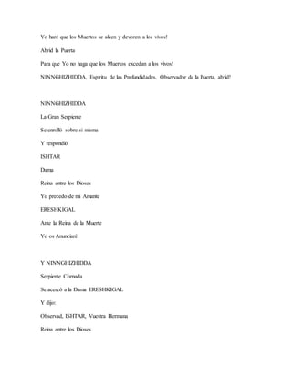 Yo haré que los Muertos se alcen y devoren a los vivos!
Abrid la Puerta
Para que Yo no haga que los Muertos excedan a los vivos!
NINNGHIZHIDDA, Espíritu de las Profundidades, Observador de la Puerta, abrid!
NINNGHIZHIDDA
La Gran Serpiente
Se enrolló sobre si misma
Y respondió
ISHTAR
Dama
Reina entre los Dioses
Yo precedo de mi Amante
ERESHKIGAL
Ante la Reina de la Muerte
Yo os Anunciaré
Y NINNGHIZHIDDA
Serpiente Cornada
Se acercó a la Dama ERESHKIGAL
Y dijo:
Observad, ISHTAR, Vuestra Hermana
Reina entre los Dioses
 