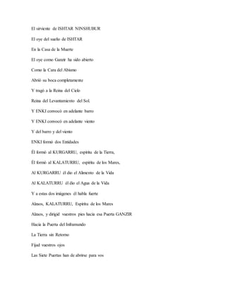 El sirviente de ISHTAR NINSHUBUR
El oye del sueño de ISHTAR
En la Casa de la Muerte
El oye como Ganzir ha sido abierto
Como la Cara del Abismo
Abrió su boca completamente
Y tragó a la Reina del Cielo
Reina del Levantamiento del Sol.
Y ENKI convocó en adelante barro
Y ENKI convocó en adelante viento
Y del barro y del viento
ENKI formó dos Entidades
Él formó al KURGARRU, espíritu de la Tierra,
Él formó al KALATURRU, espíritu de los Mares,
Al KURGARRU él dio el Alimento de la Vida
Al KALATURRU él dio el Agua de la Vida
Y a estas dos imágenes él habla fuerte
Alzaos, KALATURRU, Espíritu de los Mares
Alzaos, y dirigid vuestros pies hacia esa Puerta GANZIR
Hacia la Puerta del Inframundo
La Tierra sin Retorno
Fijad vuestros ojos
Las Siete Puertas han de abrirse para vos
 