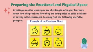 Preparing the Emotional and Physical Space
Creating a routine where you are checking in with your learners
about how they feel and how they are doing helps to build a culture
of safety in the classroom. You may find the following useful to
preapre:
 