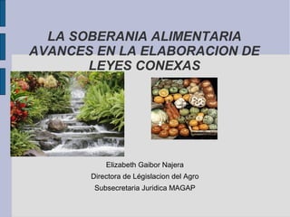 LA SOBERANIA ALIMENTARIA
AVANCES EN LA ELABORACION DE
LEYES CONEXAS
Elizabeth Gaibor Najera
Directora de Législacion del Agro
Subsecretaria Juridica MAGAP
 