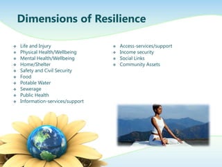 Dimensions of Resilience

   Life and Injury                   Access-services/support
   Physical Health/Wellbeing         Income security
   Mental Health/Wellbeing           Social Links
   Home/Shelter                      Community Assets
   Safety and Civil Security
   Food
   Potable Water
   Sewerage
   Public Health
   Information-services/support
 