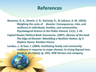 References

Bonanno, G. A., Brewin, C. R., Kaniasty, K., & LaGreca, A. M. (2010).
      Weighing the costs of disaster: Consequences, risks, and
      resilience in individuals, families, and communities.
      Psychological Science in the Public Interest, 11(1), 1-49.
Capitol Reader Political Book Summaries. (2007). [Review of the book
        The Edge of Disaster: Rebuilding a Resilient Nation, by S
        Stephen Flynn]. Random House.
Landau, J., & Saul, J. (2004). Facilitating family and community
       resilience in response to major disaster. In Living Beyond Loss:
       Death in the Family (p. 285). WW Norton and company.
 