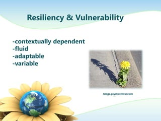 Resiliency & Vulnerability

-contextually dependent
-fluid
-adaptable
-variable



                          blogs.psychcentral.com
 