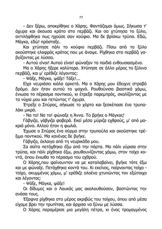 77

    - Δεν ξέρω, αποκρίθηκε ο Χάρης. Φαντάζομαι όμως. Σήκωσα τ'
άχυρα και άκουσα κρότο στο περβάζι. Και σα χτύπησα το ξύλο,
αντιλήφθηκα πως ηχούσε σαν κούφιο. Μα δε βρίσκω τρύπα. Εδώ,
Μάγκα, εδώ! πρόσταξε.
    Και χτύπησε πάλι το κούφιο περβάζι. Πίσω από το ξύλο
ακούστηκε ελαφρός κρότος που με άναψε. Ρίχθηκα στο περβάζι γα-
βγίζοντας με λύσσα.
    - Αυτού είναι! Αυτού είναι! φώναξαν τα παιδιά ενθουσιασμένα.
    Μα ο Χάρης ήξερε καλύτερα. Χτύπησε σε άλλο μέρος το ξύλινο
περβάζι, και μ' ερέθιζε λέγοντας:
    - Ψάξε, Μάγκα, ψάξε! Τάξε!...
    Είχα νευριάσει κιόλα αρκετά. Μα ο Χάρης μου έδειχνε στραβό
δρόμο. Δεν ήταν αυτού το ψαχνό. Ρουθούνισα βιαστικά χάμω,
ένιωσα το πέρασμα ποντικού, κι έτρεξα παρεμπρός, σκαλίζοντας με
τα νύχια μου και πετώντας τ' άχυρα.
    Έτρεξε ο Σπύρος, σήκωσε το χόρτο και ξεσκέπασε ένα τρυπα-
λάκι μικρό.
    - Να το! Να το! φώναξε η Άννα. Το βρήκε ο Μάγκας!
    Γάβγιζα, γάβγιζα φοβερά. Εκεί μέσα μύριζα εχθρούς, μ' από μα-
κριά μόνο. Αλλού ήταν η φωλιά.
    Έχωσε ο Σπύρος ένα σύρμα στην τρυπούλα και ακούστηκε τρέ-
ξιμο ποντικού. Μα κανένας δε βγήκε.
    Γάβγιζα, έκλαιγα από τη νευρικάδα μου.
    Σα σαίτα πετάχθηκα έξω από την πόρτα. Μα πάλι γύρισα στην
τρύπα, και πάλι ρίχθηκα έξω, ρουθουνίζοντας χάμω, στον τοίχο κο-
ντά, όπου ένιωθα το πέρασμα του εχθρού.
    Ο Χάρης,που φαίνουνταν να με καταλαβαίνει, βγήκε τότε έξω
και με φώναξε. Πετάχθηκα κοντά του. Κι εκείνος, παίρνοντας τοίχο -
τοίχο, σκυμμένος χάμω, μ' ερέθιζε ολοένα χτυπώντας τον εξώτοιχο
και λέγοντας:
    - Ψάξε, Μάγκα, ψάξε!
    Οι δίδυμες και ο Λουκάς μας ακολουθούσαν, βαστώντας την
ανάσα τους.
    Έξαφνα ρίχθηκα στο μέρος ακριβώς του τοίχου, όπου από μέσα
είχαμε βρει την τρυπίτσα, και άρχισα να ξύνω με λύσσα.
    Ο Χάρης παραμέρισε μια μεγάλη πέτρα, κι ένας τρομαγμένος
 