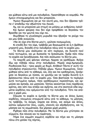 93

και χώθηκα κάτω από μια πολυθρόνα. Προσπάθησα να κοιμηθώ. Μα
ήμουν στενοχωρημένος και δεν μπορούσα.
    Ήμουν θυμωμένος και με τον εαυτό μου, που δεν έβρισκα τρό-
πο ν' αποδείξω την αθωότητα του Λουκά.
    Αχ, και να μπορούσα μια στιγμή να μιλήσω με ανθρώπου λαλιά!
    Και ήμουν φούρκα που δεν είχα προφθάσει να δαγκάσω τον
Βρασίδα για την ψευτιά που είχε πει.
    Θυμήθηκα τη γλυκόσαχλη μυρωδιά που έβγαζαν τα ρούχα του
και μου ήλθε αναγούλα.
    «Να σε είχα στα δόντια μου!», γρύλισα πεισμωμένος.
    Κι επειδή δεν τον είχα, τράβηξα μια δαγκωματιά σε ό,τι βρέθηκε
μπροστά μου, δηλαδή στην πολυθρόνα πάνω από το κεφάλι μου.
    Τα δόντια μου σκάλωσαν σε κάτι περίεργο, σα δυνατό πανί
πολύ τεντωμένο, και με δυσκολία τα ξεσκάλωσα. Έριξα πάλι πίσω
το κεφάλι και ξαναδάγκασα. Και πάλι σκάλωσαν τα δόντια μου.
    Το παιχνίδι μού φάνηκε νόστιμο. Άρχισα να ερεθίζομαι. Βγήκα
έξω και πήδηξα πάνω στην πολυθρόνα. Μύριζε σιορ-Αμπρουζή.
Ρουθούνισα δυο - τρεις φορές με θυμό. Αλήθεια! Πάντα σ' αυτή την
πολυθρόνα στρώνουνταν. Πήδηξα χάμω. Ήμουν θυμωμένος. Ξανα-
χώθηκα κάτω από το κάθισμα, και, όλο και πιο ερεθισμένος, ξανάρ-
χισα να δαγκάνω με λύσσα, να γρυλίζω και να τραβώ δυνατά ό,τι
βρίσκουνταν πάνω από το κεφάλι μου. Όσο βαστούσε το περίεργο
αυτό τεντωμένο πράμα, τόσο ερεθίζουμουν περισσότερο, και ορ-
μούσα και άρπαζα, και μασούσα. Ώσπου ακούστηκε ένας παράξενος
κρότος, σαν κάτι που σπάζει και σχίζεται, και στα σκοτεινά είδα κομ-
μάτια κορδέλες που κρέμουνταν από την πολυθρόνα. Τότε πια από-
γινε η χαρά μου.
    Σήκωσα το κεφάλι κι έμπηξα τα δόντια μου σε άλλες όμοιες
κορδέλες, πλεγμένες σταυρωτά κάτω από το κάθισμα, τις μάσησα,
τις τράβηξα, τις έκοψα, έσχισα και άλλες, και ακόμα και άλλες,
ώσπου κρέμουνταν όλες, υγρές, ελεεινές και αξιοθρήνητες, και τις
μάσησα και τις κομμάτιασα. Και χάρηκα χαρά μεγάλη.
    Ρίχθηκα πάλι στην πολυθρόνα. Μα τα δόντια μου χτύπησαν σε
σύρματα. Και πόνεσα και τα παράτησα.
    Πήρα ένα κομμάτι κομμένη κορδέλα και πήγα και τη μάσησα
πάνω στο χαλάκι της πόρτας.
 