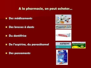 A la pharmacie, on peut acheter…

   Des médicaments

   Des brosses à dents

   Du dentifrice

   De l’aspirine, du paracétamol

   Des pansements
 