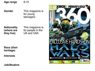 Age range     9-15


Gender        This magazine is
              for young
              teenagers


Nationality   This magazine is
(where are    for people in the
they live)    UK and USA




Race (their
heritage)

Interests


Job/Student
 