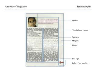 Anatomy of Magazine Terminologies
Margins
Text area
Folio / Page number
Gutter
Two Column Layout
Quotes
End sign
 