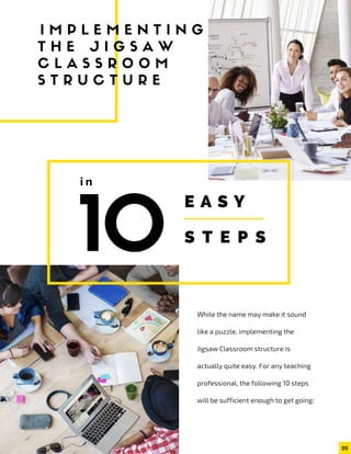 10S T E P S
E A S Y
While the name may make it sound
like a puzzle, implementing the
Jigsaw Classroom structure is
actually quite easy. For any teaching
professional, the following 10 steps
will be sufficient enough to get going:
I M P L E M E N T I N G
T H E J I G S A W
C L A S S R O O M
S T R U C T U R E
05
i n
 