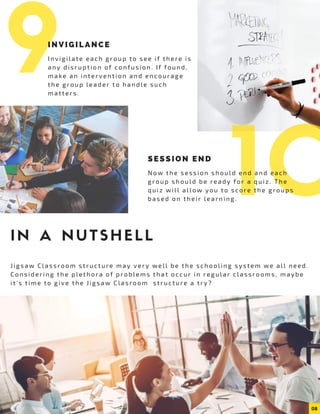 9INV IGIL AN CE
In vig il at e ea ch gr oup to see i f ther e i s
any disr upt ion of conf u sion . I f f ound,
make an int er vention and en cour age
t h e gr oup l e ader to handl e such
mat t er s.
10SES SION E ND
Now t he session sho u l d en d an d e a ch
gr oup sho ul d be r ead y f or a qui z. T he
qu iz w il l al l ow yo u to scor e th e gr ou ps
based on t h eir l ear ning.
08
IN A NUTSHELL
J igsa w Cl assr oom str uctur e ma y ver y wel l be the scho ol in g syst em we a l l n ee d.
Con si der in g t h e pl ethor a of pr obl ems that occur i n r egul ar cl assr oo m s, may be
it ' s t i me t o g ive the J igsaw Cl a sr oom st r uct ur e a t r y?
 