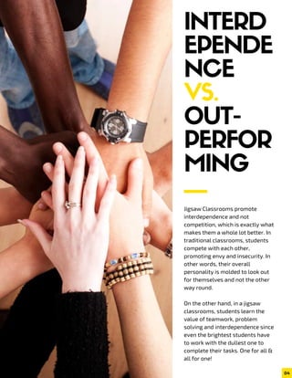 Jigsaw Classrooms promote
interdependence and not
competition, which is exactly what
makes them a whole lot better. In
traditional classrooms, students
compete with each other,
promoting envy and insecurity. In
other words, their overall
personality is molded to look out
for themselves and not the other
way round.
On the other hand, in a jigsaw
classrooms, students learn the
value of teamwork, problem
solving and interdependence since
even the brightest students have
to work with the dullest one to
complete their tasks. One for all &
all for one!
INTERD
EPENDE
NCE
VS.
OUT-
PERFOR
MING
04
 