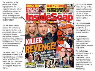 The repetition of the
verbal code “EVERY”
highlights that the
magazine contains lots of
valuable information for
soap watchers . It also
shows how regular the
magazine will be released
“EVERY WEEK”.
The red house colour
attracts the audience at
first glance. Red is a very
emotionally intense color.
It enhances human
metabolism, increases
respiration rate, and raises
blood pressure. This is key
for a soap opera as they
are very emotionally
intense.
The masthead
suggests that this
particular magazine
gives readers an
insight deeper into the
soap world.
The use of the banner
across the top of the
magazine allows more
stories to be reveled.
The use of bright
colours will draw the
attention of the
reader.
The verbal code “KILLER”
in the main headline is
highlighted using a red box
with a white font. This
makes the story stand out.
The verbal code of killer
also suggests danger and
drama.
The main image
consists of images of 3
characters from
EastEnders. I would
describe their facial
expression as dark. A
dark look or remark is
angry and
threatening.
The fairly low price
make the magazine
suitable for its
stereotypically low
income audience.
 