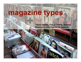 magazine types
    +   Teena Apeles, Ted Arvanitis, Sydney
        Blackmore and Ksenia Yurganova