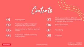 Magazine moment 2021
Contents
01
02
03
04
Reading habits
Readership of different types of
magazines and digital content
Va...