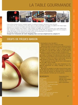 17
LA TABLE GOURMANDE
Pour la génoise :
6 oeufs
150 g de sucre
200 g de farine + un peu pour le moule
1 sachet de levure
200 g de beurre + un peu pour le moule
4 c. à soupe de cacao
200 g de crème pâtissière
2 pincées de sel
Pour le nappage et le décor :
200 g de chocolat noir
50 g de beurre
2 c. à soupe de cerneaux de noix hachés
quelques copeaux de chocolat
quelques petits oeufs en sucre
4 c. à soupe de whisky
OEUFS DE PÂQUES MAISON
INGRÉDIENTS:
1. Préchauffez le four th.6 (180C ).
2. Faites fondre le beurre et laissez-le tiédir.
3. Séparez les blancs des jaunes d’oeufs. Mettez les jaunes
dans une jatte avec le sucre et placez sur un bain-marie.
Fouettez sans arrêt jusqu’à ce que le mélange double
de volume et soit bien blanc. Retirez du bain-marie et
continuez à fouetter jusqu’à complet refroidissement.
4. Tamisez la farine, le cacao, le sel et la levure au-dessus
de la jatte et mélangez très délicatement avec une spa-
tule en bois puis incorporez doucement le beurre fondu.
5. Beurrez et farinez un moule à bords hauts. Versez la
pâte dedans et enfournez. Faites cuire 30 min.
6. Sortez la génoise au chocolat du four et démoulez-la
sur une grille. Laissez refroidir.
7. Coupez la génoise en deux dans l’épaisseur et im-
bibez-la légèrement de whisky mélangé à deux c.à
soupe d’eau.
8. Recouvrez un saladier ou un plat creux de forme ovale,
de ﬁlm alimentaire. Montez le gâteau dedans en alternant
une couche de génoise au chocolat et une couche de
crème pâtissière. Terminez par de la génoise.
L`air de fête, la bonne humeur constante, toujours ce sentiment d`évasion, cette joie de vivre effrénée…
C`est chacun de vos restaurants du Sea plaza dans un cadre personnalisé, une équipe accueillante, des menus exquis…
Savourez-le en amoureux, en famille, entre amis. Savourez-le tout juste sans modération !
Envie d`un peu d`exotisme dans l`assiette ? Faites voyager vos papilles avec toutes les recettes de la cuisine italienne, liba-
naise, américaine, asiatique mais aussi les assiettes gourmandes du UNO GRILL, les délicieuses glaces Xocco, le pangoo`s,,
l`unique RED-lounge ou tout bonnement les plats rafﬁnés de l’incontournable LITTLE BOUDDHA.
Une diversité culturelle à ne manquer sous aucun prétexte…
Essayer les restaurants de votre shopping mall, c’est tout simplement les adopter !!!
Préparation:45mn
Cuisson:35mn
Difﬁculté: intermédiaire
Coût: Pas cher
pour 6 personnes
SAVEURSD’ASIE-PANGOO’S-BALADI-PREGO-HAPPYDAYS-MAGIC-XOCCO-CASINO-CHOCOMENTHE-CAFE-UNOGRILL-LITTLEBUDHA-REDLOUNGE-BIJORCA
 