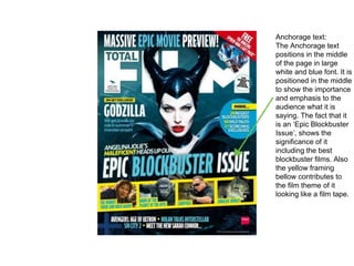 Anchorage text:
The Anchorage text
positions in the middle
of the page in large
white and blue font. It is
positioned in the middle
to show the importance
and emphasis to the
audience what it is
saying. The fact that it
is an ‘Epic Blockbuster
Issue’, shows the
significance of it
including the best
blockbuster films. Also
the yellow framing
bellow contributes to
the film theme of it
looking like a film tape.
 