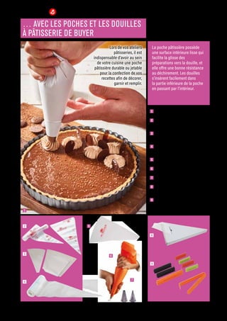 La poche pâtissière possède
une surface intérieure lisse qui
facilite la glisse des
préparations vers la douille, et
elle offre une bonne résistance
au déchirement. Les douilles
s’insèrent facilement dans
la partie inférieure de la poche
en passant par l’intérieur.
1  Poche flexible réutilisable 34 cm :
6.90 € (128121), existe en 46 cm
2  Rouleau de 20 poches pâtisserie
transparentes jetables :
13.00 € (130292)
3  Lot de 5 poches pâtissières en coton
revêtu de 30 à 50 cm :
47.90 € (130604)
4  Rouleau de 100 poches pâtissières
jetables en polyéthylène 45 cm :
30.00 € (130606), existe de 30 à 55 cm
5  Poches pâtissières réutilisables
30 cm : 7.00 € (130431), existe de 25 à 60 cm
6  Poche pâtissière souple en polyuréthane
35 cm : 21.00 € (130605)
7  Poche en polyuréthane de 35 cm avec
2 douilles Inox : 26.00 € (130257)
8  Boîte distributrice de 100 poches
pâtissières jetables 45 cm :
57.00 € (730242)
9  Lot de 8 pinces en plastique Twixit
pour fermeture des poches :
6.95 € (130788)
PÂTISSERIE
Commandes et renseignements sur www.francisbatt.com ou à hello@francisbatt.com
Lors de vos ateliers
pâtisseries, il est
indispensable d’avoir au sein
de votre cuisine une poche
pâtissière durable ou jetable
pour la confection de vos
recettes afin de décorer,
garnir et remplir.
… AVEC LES POCHES ET LES DOUILLES
À PÂTISSERIE DE BUYER
1
8
4
3
2
9
6
7
5
.107
 