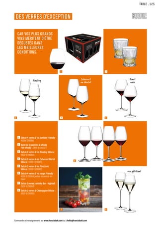 TABLE
Commandes et renseignements sur www.francisbatt.com ou à hello@francisbatt.com
DES VERRES D’EXCEPTION
CAR VOS PLUS GRANDS
VINS MÉRITENT D’ÊTRE
DÉGUSTÉS DANS
LES MEILLEURES
CONDITIONS.
1  Set de 4 verres à vin tumbler Friendly :
45.00€ (116066)
2  Boite de 2 gobelets à whisky
Fire whisky : 24.90 € (116037)
3  Set de 2 verres à vin Riesling Véloce :
59.00 € (116063)
4  Set de 2 verres à vin Cabernet/Merlot
Véloce : 59.00 € (116061)
5  Set de 2 verres à vin Pinot noir
Véloce : 59.00 € (116062)
6  Set de 4 verres à vin rouge Friendly :
45.00 € (116064), existe en verre à vin
blanc
7 Set de 2 verres à whisky Bar - Highball :
29.90 € (116058)
8  Set de 2 verres à Champagne Véloce :
59.00 € (116060)
2
5
4
1
3
7 8
6
Riesling Cabernet
ou Merlot
Pinot
noir
vin pétillant
.125
 