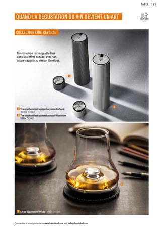 1  Tire-bouchon électrique rechargeable Carbone :
119.90€ (143963)
2  Tire-bouchon électrique rechargeable Aluminium :
119.90€ (143962)
1
2
3
TABLE
Commandes et renseignements sur www.francisbatt.com ou à hello@francisbatt.com
QUAND LA DÉGUSTATION DU VIN DEVIENT UN ART
Tire-bouchon rechargeable livré
dans un coffret cadeau, avec son
coupe-capsule au design identique.
3 Set de dégustation Whisky : 47.90 € (143384)
COLLECTION LINE REVERSE
.129
 