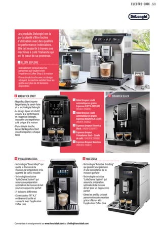 ELECTRO-CHIC
Commandes et renseignements sur www.francisbatt.com ou à hello@francisbatt.com
3 DINAMICA BLACK
2 MAGNIFICA START
•Magnifica Start incarne
l’expérience, le savoir-faire
et la technologie Delonghi
•Le design épuré et intuitif,
associé à la performance
et l’exigence Delonghi,
vous offre une expérience
café unique à la maison
•D’une simple touche,
laissez la Magnifica Start
vous transporter à chaque
tasse
4 PRIMADONNA SOUL
•Technologie “Bean Adapt“ qui
ajuste la finesse de la
mouture, la température et la
quantité de café à moudre
•Technologie exclusive
“LatteCrema System“ qui
assure une préparation
optimale de la mousse de lait
pour un cappuccino parfait
•21 boissons différentes
•Écran couleur TFT 4,3’’
entièrement tactile et
connecté avec l’application
Coffee Link
5 MAESTOSA
•Technologie “Adaptive Grinding“
qui garantit une précision
et une consistance de la
mouture parfaite
•Technologie exclusive
“LatteCrema System“ qui
assure la préparation
optimale de la mousse
de lait pour un Cappuccino
parfait
•Gérez les profils, créez et
personnalisez des recettes
grâce à l’écran et à
l’application Coffee Link
1 ELETTA EXPLORE
•Spécialement conçue pour les
personnes qui veulent vivre
l’expérience Coffee Shop à la maison
•D’une simple touche avec un design
attrayant, la machine satisfait tous les
goûts avec plus de 40 boissons
disponibles
Les produits Delonghi ont la
particularité d’être faciles
d’utilisation avec des qualités
de performance indéniables.
Elle fait ressortir à travers ses
machines à café l’italianité qui
est le cœur de sa promesse.
1  Robot broyeur à café
automatique en grains
Expresso ELETTA EXPLORE :
999.90 € (150691)
2  Robot broyeur à café
automatique en grains
Expresso MAGNIFICA START :
399.99 € (150692)
3  Expresso broyeur Dinamica
Black : 549.99 € (150477)
4  Expresso broyeur
Primadonna Soul + Carafe
de café : 1549.99 € (150668)
5  Expresso Broyeur Maestosa :
2899.99 € (150637)
.53
 