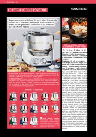 ELECTRO-CHIC
Commandes et renseignements sur www.francisbatt.com ou à hello@francisbatt.com
LE PÉTRIN LE PLUS RÉSISTANT
•UN BOL ROTATIF : le large bol ouvert permet d’insérer facilement les ingrédients et de
visualiser le travail des outils. L’association du rouleau à pâtisserie et du bol rotatif offre
une qualité de pétrissage unique pour un résultat optimal.
•UN MOTEUR PUISSANT : chaque Assistent AKM6230 est livré avec une base pâtissière
complète qui vous apportera une aide appréciable lors de vos préparations de pâtes au
levain mais aussi de vos pâtes à gâteaux. Il est doté d’un moteur puissant de 1500 watts
avec un entraîneur en acier qui fera de votre Assistent un compagnon en cuisine prêt à
vous aider dans les tâches les plus pénibles.
DISPONIBLE EN 13 COULEURS
138169
138177 138179
138184
138170
138181
138183
138180
138178
138175
138171 138176
138182
TARTE À LA CITROUILLE PARFUMÉE À
LA CARDAMOME ET AU SIROP D’ÉRABLE
 8 45 mn 120 mn 12 h
Pâte à tarte : 175 g de beurre • 240 g de farine
d’épeautre • 1 cuillère à soupe de sucre • 1
cuillère à café de cardamome • 1 cuillère à café
de levure chimique • 1 cuillère à soupe d’eau (si
nécessaire).
Remplissage : 400 g de purée de potiron • 2
oeufs • 397 g de lait concentré • 80 g de sucre •
140 g de sirop d’érable • ½ cuillère à café de sel.
Garniture : 200 ml de crème • 2 cuillères à
soupe de sucre glace • 1 cuillère à soupe de
sirop d’érable • Une pincée de levure chimique.
Réglez le four à 175 °C. Mettez du papier sulfurisé
sur un plat allant au four • Coupez le potiron
dans le sens de la longueur et placez les moitiés
sur la plaque avec la surface coupée vers le bas
• Faites cuire au four jusqu’à ce que la citrouille
soit tendre, 40 à 45 mn. Laissez le four allumé ou
au moins fermé pour la tarte • Laissez refroidir
légèrement la citrouille, puis versez la chair à la
cuillère, la mettre dans le blender et mixez pour
obtenir une purée lisse • Assemblez l’Assistent
avec le bol, le couteau à pâte et le rouleau à
pâte • Divisez le beurre froid en petits morceaux,
ajoutez la farine, le sucre, la cardamome et la
levure chimique. Démarrez l’Assistent et laissez-le
pétrir jusqu’à ce obtenir une pâte ferme, environ
5 mn. Si nécessaire, ajoutez de l’eau si la pâte
n’est pas assez ferme • Mettez du papier sulfurisé
dans un plat allant au four. Presser la pâte dans
le moule, couvrez tous les bords. Piquez à la
fourchette et précuire pendant 10 mn • Sortez la
tarte du four et augmentez la température à 200 °C
• Assemblez l’Assistent avec le bol transparent
et les fouets • Fouettez les œufs, la citrouille, le
lait, le sucre, le sirop d’érable et le sel • Versez la
pâte dans la tarte et faites cuire au centre du four
pendant 10 mn • Baissez la température à 175 °C
et cuire jusqu’à ce que la garniture soit ferme, 45
à 60 mn • Laissez refroidir complètement et de
préférence reposer au réfrigérateur toute la nuit •
Remontez l’Assistent avec le bol transparent et les
fouets • Fouettez la crème, le sucre glace, le sirop
d’érable et la levure. Etalez la crème sur la tarte •
Hachez grossièrement les noix et saupoudrez sur
le dessus.
R
E
C
E
T
T
E
Ankarsrum Assistent se distingue des autres robots de préparation
culinaire par sa polyvalence, sa longévité, la puissance de son
moteur, son design rétro et la compatibilité de ses accessoires
avec les différents modèles.
1 Robot pâtissier Assistent
Noir diamant : 699.00 € (138169),
disponibleenNoirmat,Blancminéral,
Rouge, Crème, Gris, Noir chromé, Bleu
royal, Crème clair, Orange, Vert forêt,
Bleu océan et Blanc Glossy.
72.
 