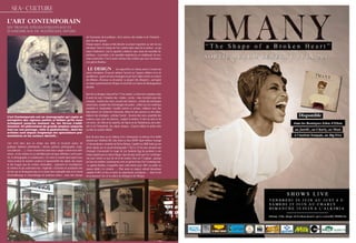 0101
L’art n’est donc plus un champ clos défini et structuré autour de
quelques médiums prééminents ( dessin, peinture, photographie, sculp-
ture,vidéo,etc….) ; Ceux-ci fusionnent dans leurs usages comme leurs défi-
nitions , et les artistes ne s’y identifient plus de façon définitive ( exit le pein-
tre, le photographe, le sculpteur,etc.). En outre le monde dans lequel nous
vivons produit de maniére continue et exponentielle des objets, des signes
et des images que les artistes retravaillent , repensent et reconfigurent.
Ils mettent en jeu sciemment leur « légitimité » d’artistes en produisant des
formes qui ne témoignent plus d’un savoir-faire estampillé mais d’un travail
d’échantillonage et d’assemblage de matériaux divers , issus des champs
SEA- CULTURE
de l’économie, de la politique ; de la science, des médias et de l’industrie –
pour ne citer qu’eux.
Chaque œuvre, chaque artiste dessine sa propre trajectoire au sein de ces
domaines. Dans le champ de l’art comme dans celui de la science , ce qui
import finalement, c’est la capacité à élaborer sans cesse de nouvelles hy-
pothèses , à procéder à de nouvelles expériences, en établissant de nou-
veaux protocoles. C’est le point commun des artistes que vous retrouverez
à la galerie BooKoo.
est aujourd’hui un champ ouvert à toutes les
autres disciplines. D’aucuns mettent l’accent sur l’aspect utilitaire et la vie
quotidienne , quand certains envisagent avant tout l’objet comme un vecteur
de réflexion, d’humour ou de poésie. La plupart des désigners , partagent
un méme questionnement éthique et social lié à la notion de développement
durable.
Que fait un designer Aujourd’hui ? C’est simple ( ou bien très complexe selon
le point de vue). Il dessine des « objets » certes , mais il produit aussi des
concepts , invente des mots, raconte des histoires , revisite des techniques
ancestrales, emploie des technologies de pointe , utilise tous les matériaux
possibles et imaginables, travaille comme un artisan, collabore avec des
laboratoires de recherche industriels, détourne des œuvres ou des idées,
élabore des stratégies , anticipe l’avenir , faconne des sons, assemble des
couleurs, joue avec les textures , sculpte la lumiére. Il crée du sens et du
non-sens , de l’utile et du superflu, de l’épure et de l’éxubérance, de la den-
sité et de l’immatériel, des objets uniques , d’autres édités en petite série
ou bien en nombre illimité.
Quoi de plus beau qu’un tableau d’art cotemporain au-dessus d’un buffet
dessiné par Cheikhou BA, Soly Cissé ou Ibou DIOUF. Quel meilleur mariage
à l’extraordinaire créativité de Roche Bobois, Capellini ou B&B Italia qu’une
photo signée par un grand photographe ? Qu’y a t’il de plus amusant que
d’essayer d’accomoder le rouge de ses fauteuils Egg by jacobsen à une
chaise inspirée par la culture Dogon. Quoi de plus drole que l’art contempo-
rain pour mettre un peu de vie et de couleur chez soi ? Logique , puisque
les fans de mobilier contemporain sont en général fans d’art contemporain.
La galerie BooKoo s’engouffre dans cette béche pour offrir au public un
espace dédié à la création….. Mais aussi un espace culturel dynamique
capable d’offrir un lieu à toutes les expressions artistiques… dans le but
de promouvoir l’art et la culture du Sénégal et de l’Afrique.
L’art Contemporain est un sismographe qui capte et
enregistre des signaux parfois si faibles qu’ils nous
échappent jusqu’au moment ou, les forces s’addi-
tionnent. Un phénoméne de grande ampleur emporte
tout sur son passage , telle la globalisation , dont les
artistes sont depuis longtemps les spectateurs pré-
monitoires et les acteurs décisifs .
Le DESIGN
L’art Contemporain
Un travail d’échantillonage et
d’assemblage de matériaux divers
`
 