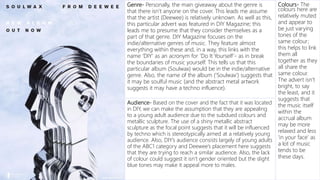 Colours- The
colours here are
relatively muted
and appear to
be just varying
tones of the
same colour;
this helps to link
them all
together as they
all share the
same colour.
The advert isn’t
bright, to say
the least, and it
suggests that
the music itself
within the
accrual album
may be more
relaxed and less
‘in your face’ as
a lot of music
tends to be
these days.
Genre- Personally, the main giveaway about the genre is
that there isn’t anyone on the cover. This leads me assume
that the artist (Deewee) is relatively unknown. As well as this,
this particular advert was featured in DIY Magazine; this
leads me to presume that they consider themselves as a
part of that genre. DIY Magazine focuses on the
indie/alternative genres of music. They feature almost
everything within these and, in a way, this links with the
name ‘DIY’ as an acronym for ‘Do It Yourself’- as in break
the boundaries of music yourself. This tells us that this
particular album (Soulwax) would be in the indie/alternative
genre. Also, the name of the album (‘Soulwax’) suggests that
it may be soulful music (and the abstract metal artwork
suggests it may have a techno influence).
Audience- Based on the cover and the fact that it was located
in DIY, we can make the assumption that they are appealing
to a young adult audience due to the subdued colours and
metallic sculpture. The use of a shiny metallic abstract
sculpture as the focal point suggests that it will be influenced
by techno which is stereotypically aimed at a relatively young
audience. Also, DIY’s audience consists largely of young adults
of the ABC1 category and Deewee’s placement here suggests
that they are trying to reach a similar audience. Also, the lack
of colour could suggest it isn’t gender oriented but the slight
blue tones may make it appeal more to males.
 