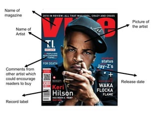 Name of Artist  Comments from other artist which could encourage readers to buy Picture of the artist Release date Record label Name of magazine  