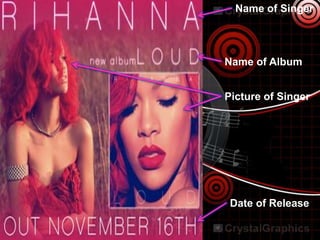 Name of Singer
Name of Album
Picture of Singer
Date of Release
 