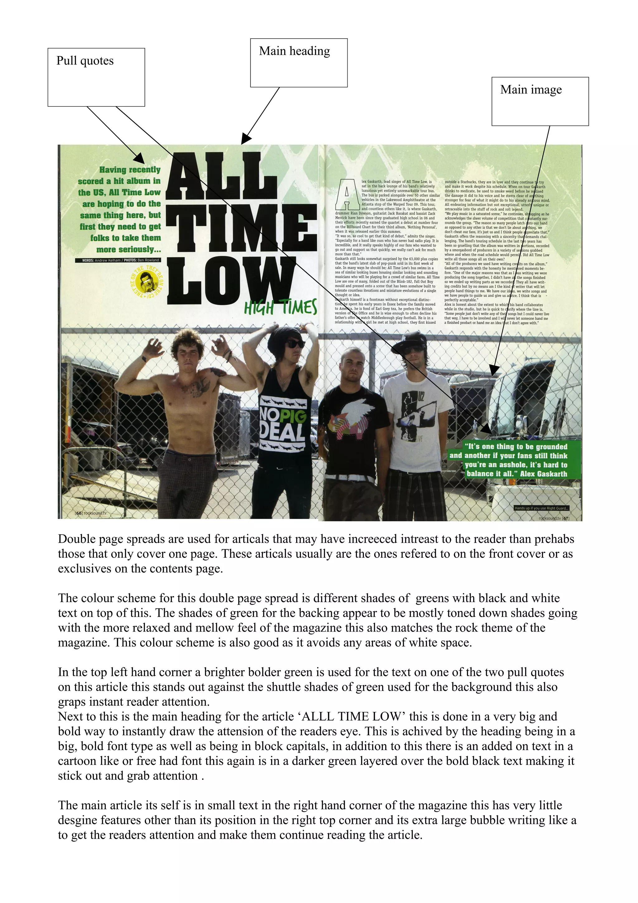 Main heading
Pull quotes

                                                                                          Main image




Double page spreads are used for articals that may have increeced intreast to the reader than prehabs
those that only cover one page. These articals usually are the ones refered to on the front cover or as
exclusives on the contents page.

The colour scheme for this double page spread is different shades of greens with black and white
text on top of this. The shades of green for the backing appear to be mostly toned down shades going
with the more relaxed and mellow feel of the magazine this also matches the rock theme of the
magazine. This colour scheme is also good as it avoids any areas of white space.

In the top left hand corner a brighter bolder green is used for the text on one of the two pull quotes
on this article this stands out against the shuttle shades of green used for the background this also
graps instant reader attention.
Next to this is the main heading for the article ‘ALLL TIME LOW’ this is done in a very big and
bold way to instantly draw the attension of the readers eye. This is achived by the heading being in a
big, bold font type as well as being in block capitals, in addition to this there is an added on text in a
cartoon like or free had font this again is in a darker green layered over the bold black text making it
stick out and grab attention .

The main article its self is in small text in the right hand corner of the magazine this has very little
desgine features other than its position in the right top corner and its extra large bubble writing like a
to get the readers attention and make them continue reading the article.
 