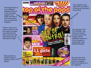 This magazine cover
                             follows the conventions
  The fact that there is
                             of having the eye lines in
  a lot of different
                             the top third.
  celebrities featured
  on the front page
  suggest to the
  reader that there is
  a lot of information
  to be red inside the
  magazine.


There is a big use of
primary colours on the      The cover line ‘OUT
front page (red yellow      OF CONTROL’ add
and some blue) the          drama and interest
other colours are also      and also anchors the
quite simple yet eye        image as all the
catching and bright,        celebrities featured on
                            the front page are
                            pulling quite ‘crazy’
                            facial expressions.




 Features like this
 entice the read on        The use of the word
 and find out the          ‘PLUS!’ at the start of
 ‘gossip’.                 the footer suggests
                           there is a lot going on in
                           the magazine.
 