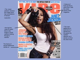• Colours of
                    fonts are fluoro
                    which fits in with
 • The ‘Janet       the urban
 Jackson’ anchors   theme of the
 the image which    magazine
 has connotations
 of sexual
 voyeurism.




                    • The main
 • the tag line
                    selling line is
 ‘Likes to watch’   bold and In a
 links to the       slanted font,
 image of Janet     this grabs the
 Jackson looking    readers
 through a          attention as it
 camera.            stands out from
                    the other fonts.


The theme of
sexual references
carries on
 