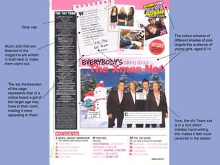 Drop cap

                           The colour scheme of
                           different shades of pink
Music acts that are        targets the audience of
featured in the            young girls, aged 8-14
magazine are written
in bold here to make
them stand out.




  The top third/section
  of the page
  represents that of a
  notice board a girl of
  the target age may
  have in their room,
  making it more
  appealing to them.
                           ‘love, the sh! Team xxx’
                           is in a font which
                           imitates hand writing,
                           this makes it feel more
                           personal to the reader.
 