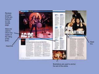 Reviews
of music
DVDs are
featured
on this
double
page.

Stars are
used to
inform the
reader of
the rating
of the
DVD.
                                                Head
                                                line.
 Head line




             Illustrations are used to anchor
             the text of the article.
 