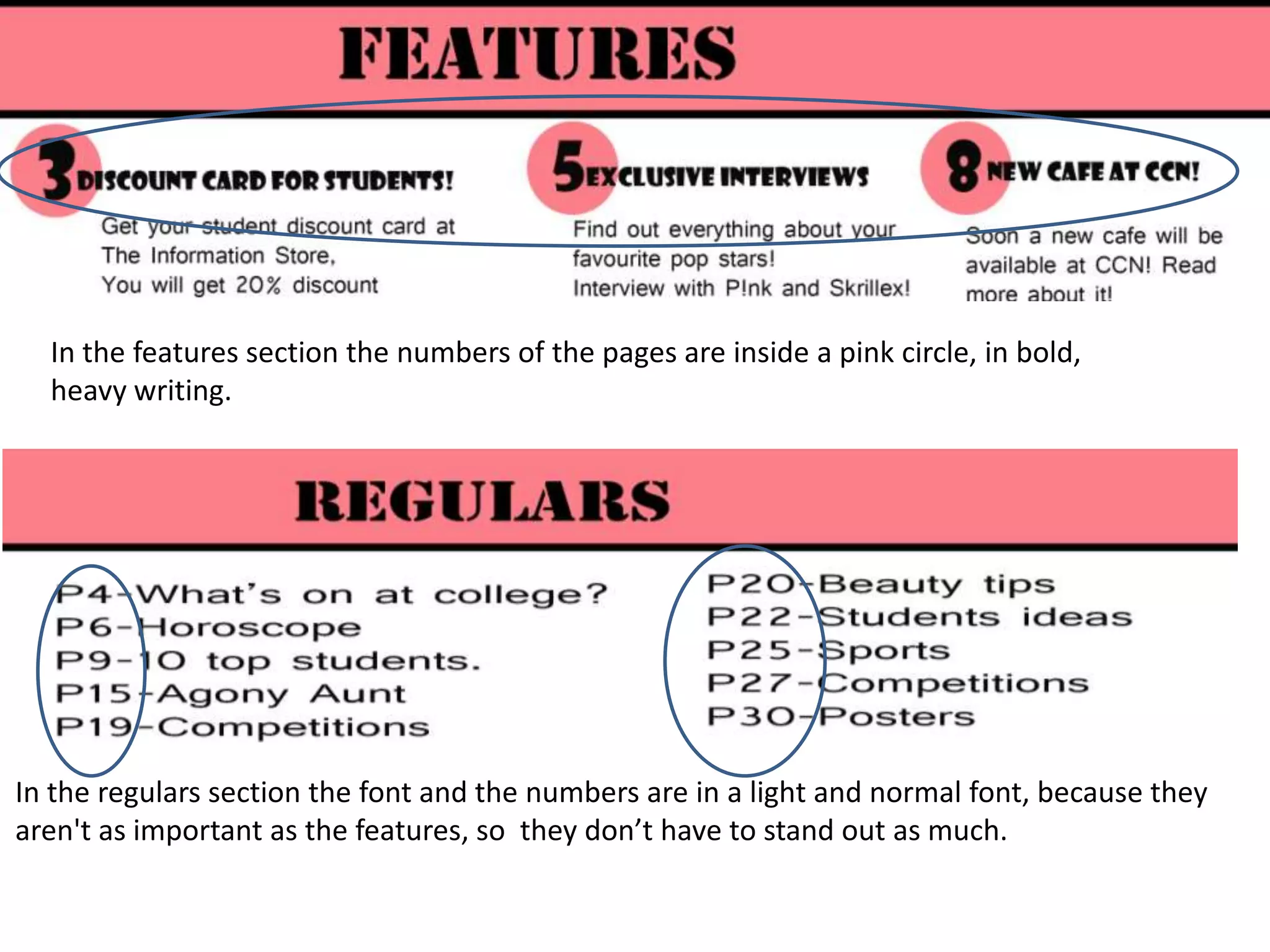 In the features section the numbers of the pages are inside a pink circle, in bold,
  heavy writing.




In the regulars section the font and the numbers are in a light and normal font, because they
aren't as important as the features, so they don’t have to stand out as much.
 