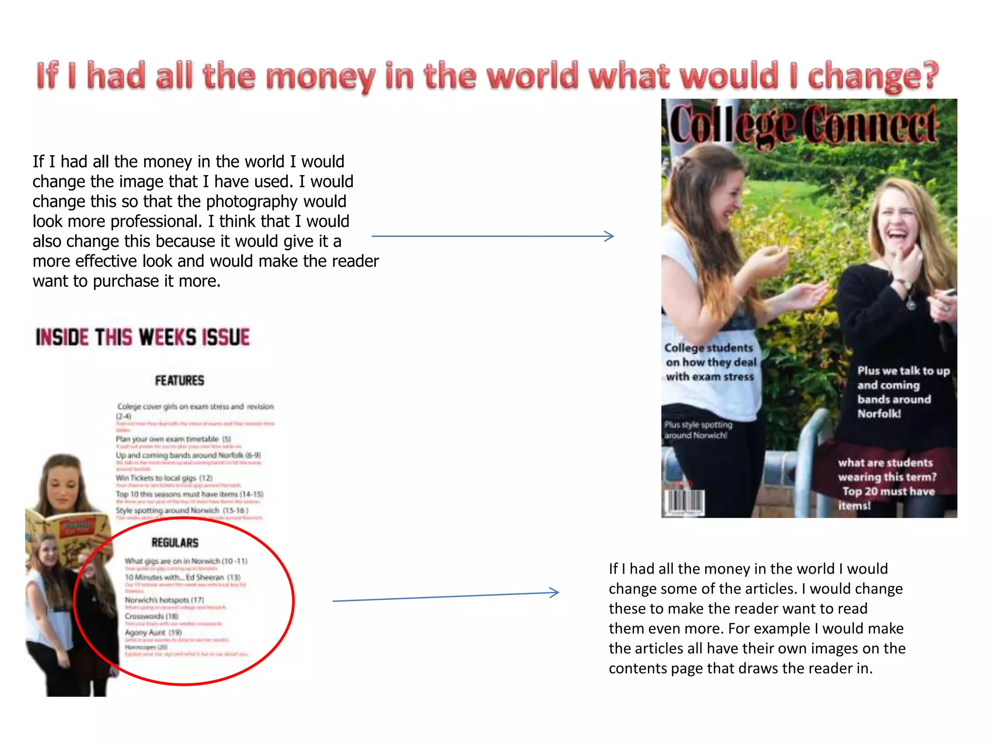 If I had all the money in the world I would
change the image that I have used. I would
change this so that the photography would
look more professional. I think that I would
also change this because it would give it a
more effective look and would make the reader
want to purchase it more.




                                                If I had all the money in the world I would
                                                change some of the articles. I would change
                                                these to make the reader want to read
                                                them even more. For example I would make
                                                the articles all have their own images on the
                                                contents page that draws the reader in.
 