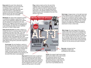 Buzz word- the word ‘free’ attracts the                      Plug- made to stand out from the rest of the
audiences attention to buy the issue due                     magazine with a harsh background colour to
to it feeling more of a special issue                        catch the audiences attention towards this part
compared to others they may have seen                        of the cover. The use of a popular band that is
of the same genre. It persuades the                          well known to the specific audience of the issue
audience to purchase this magazine and                       makes the plug more noticeable to the rest of the
stands out from the rest of the magazine                     stories on the cover.
due to it being bold and noticeable.                                                                                   Sub image- images shown on the right hand side
                                                                                                                       of the magazine act as a sneak peak of what you
                                                                                                                       can find as an audience inside the issue. These
Masthead- the name of the magazine is shown
                                                                                                                       images act as a boost to give the audience more
in a bold font as always in every issue. The
                                                                                                                       of an attraction communicating the sort of things
colour of the masthead is different as it blends
                                                                                                                       they can find inside the magazine. They would
into the background compared to the main
                                                                                                                       mostly be of smaller size so that the audience
feature of the magazine that stands out from the
                                                                                                                       would want to have a closer look.
rest of the text. The way that it is overlapped by
a sub heading pulls away from the masthead
and focus’ on what it holds inside.

Date issued and price- the date is shown in a
                                                                                                                        Main image- the main image of this cover is
smaller font due to it not being major information
                                                                                                                        mainly of the name of the band in big letters to
compared to the rest of the cover. This cover
                                                                                                                        stand out from the rest of the surroundings, the
doesn’t show the price next to the date as it
                                                                                                                        band members are placed around their name
normally would be placed. This could indicate that
                                                                                                                        which could indicate that the band is quite equal
the issue may be more expensive than other
                                                                                                                        as no member stands out from the rest or is in
magazines or they wanted to hide the price so that
                                                                                                                        front of another, they are all in quite not serious
the audience would not be put off by this straight
                                                                                                                        positions around the font which could show that
away without having time to see other aspects of
                                                                                                                        they are not very serious and quite individual.
the magazine.

     Anchorage- this sub heading is used as a
     last minute pull for the audience to purchase
     the issue. The bold large font could be used
     to make the heading more eye catching and                                                                        Barcode- indicates that the
     therefore have more of a chance of the                                                                           magazine is made to be
     reader noticing this when they first look but                                                                    purchased by the audience.
     not really paying attention to its meaning until
     the rest of the cover is acknowledged.                                            Kicker- the range of well known artists
                                        Buzz word- the word ‘plus’ is used as a        listed at the bottom of the cover boosts
                                        pull to the audience to see that there’s       the audiences interest into the
                                        even more than what the cover shows,           magazine and acts as a last minute
                                        well known artists being shown below the       persuading device to make them buy
                                        ‘plus’ attracts the audience to read more      the issue if everything else on the
                                        into the magazine as not much is given         cover has not yet already done so.
                                        away by the buzz word in this sense.
 