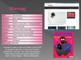 Editor: Nick Decosemo
Categories: Music magazine
Frequency: Monthly
Circulation: 20,053 (1 January 2011 – 31 December 2011)
Year founded: 1983; 32 years ago
First issue: 1 February 1983; 32 years ago
Company: Development Hell Ltd (since 2005)
Based in: London, England, United Kingdom
Language: English
Website: mixmag.net
OCLC number: 780074556
"I wanted to open a void and create a new world
for people to get into, a visual and musical
experience," he says. "Our plan was always to
make dance music and slowly expand from
there.“ Jimmy Edgar – Mission Statement
 