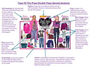 Tops Of The Pops Double Page Spread Analysis
Tagline image has connotations of leaves to go
with the season ‘Autumn’ contrasting colours that
go with this season.
Main Image selling
Taylor Swift’s and
Rita Ora’s style.
Fans want to know
the latest fashion
from celebs.
Sub Images with a
range of fashion
items that are
appealing to young
girls and teens. It
gives the fans a
chance to have a
similar dress code
to Taylor Swift/Rita
Ora and it’s
affordable.
Plug is written in a
colloquial way to grab
attention to the audience.
It sums up what the article
Is about.
Layout is separated into two areas of fashion. It uses basic
colours such as white and pink. Two different shades of pink
used to contrast with the items of clothing. Its attractive
and persuades the audience to pursue research in these
different clothing outlets.
Sub headings are big and bold.
They use contrasting colours so
its eye catching.
They have used
key iconic words
such as 80’s revival
and geek chic. Revival
is English lexis in
contrast with chic
which is French lexis.
The font represents
the season of autumn
and the key events
that happen.
Plug shapes tells
the audience more
Information
about the
fashion items and
with a quote from Rita
about her fashion style.
Graphology is the main content
on this page with little writing.
It really emphasises the purpose
of the article.
 