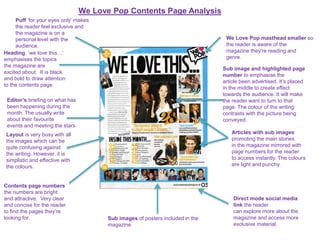 We Love Pop Contents Page Analysis
Puff ‘for your eyes only’ makes
the reader feel exclusive and
the magazine is on a
personal level with the
audience.
Direct mode social media
link the reader
can explore more about the
magazine and access more
exclusive material.
Heading ‘we love this…’
emphasises the topics
the magazine are
excited about. It is black
and bold to draw attention
to the contents page.
Editor’s briefing on what has
been happening during the
month. The usually write
about their favourite
events and meeting the stars.
Contents page numbers
the numbers are bright
and attractive. Very clear
and concise for the reader
to find the pages they’re
looking for. Sub images of posters included in the
magazine.
We Love Pop masthead smaller so
the reader is aware of the
magazine they’re reading and
genre.
Sub image and highlighted page
number to emphasise the
article been advertised. It’s placed
in the middle to create effect
towards the audience. It will make
the reader want to turn to that
page. The colour of the writing
contrasts with the picture being
conveyed.
Articles with sub images
promoting the main stories
in the magazine mirrored with
page numbers for the reader
to access instantly. The colours
are light and punchy.
Layout is very busy with all
the images which can be
quite confusing against
the writing. However, it is
simplistic and effective with
the colours.
 